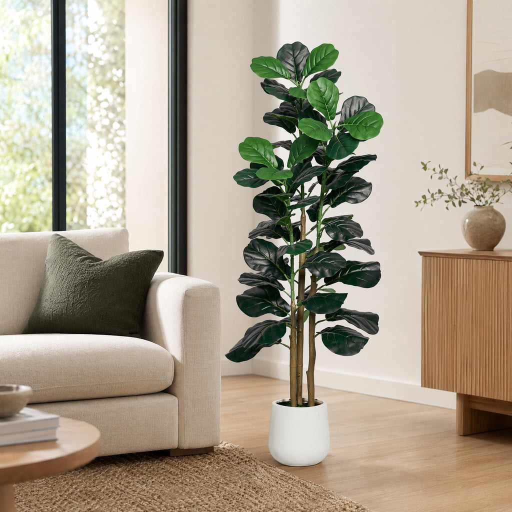 5FT Faux Fiddle Leaf Fig Tree with White Planter Pot, Fake Tree with 3 Trunks, Faux Floor Plant, Indoor and Outdoor