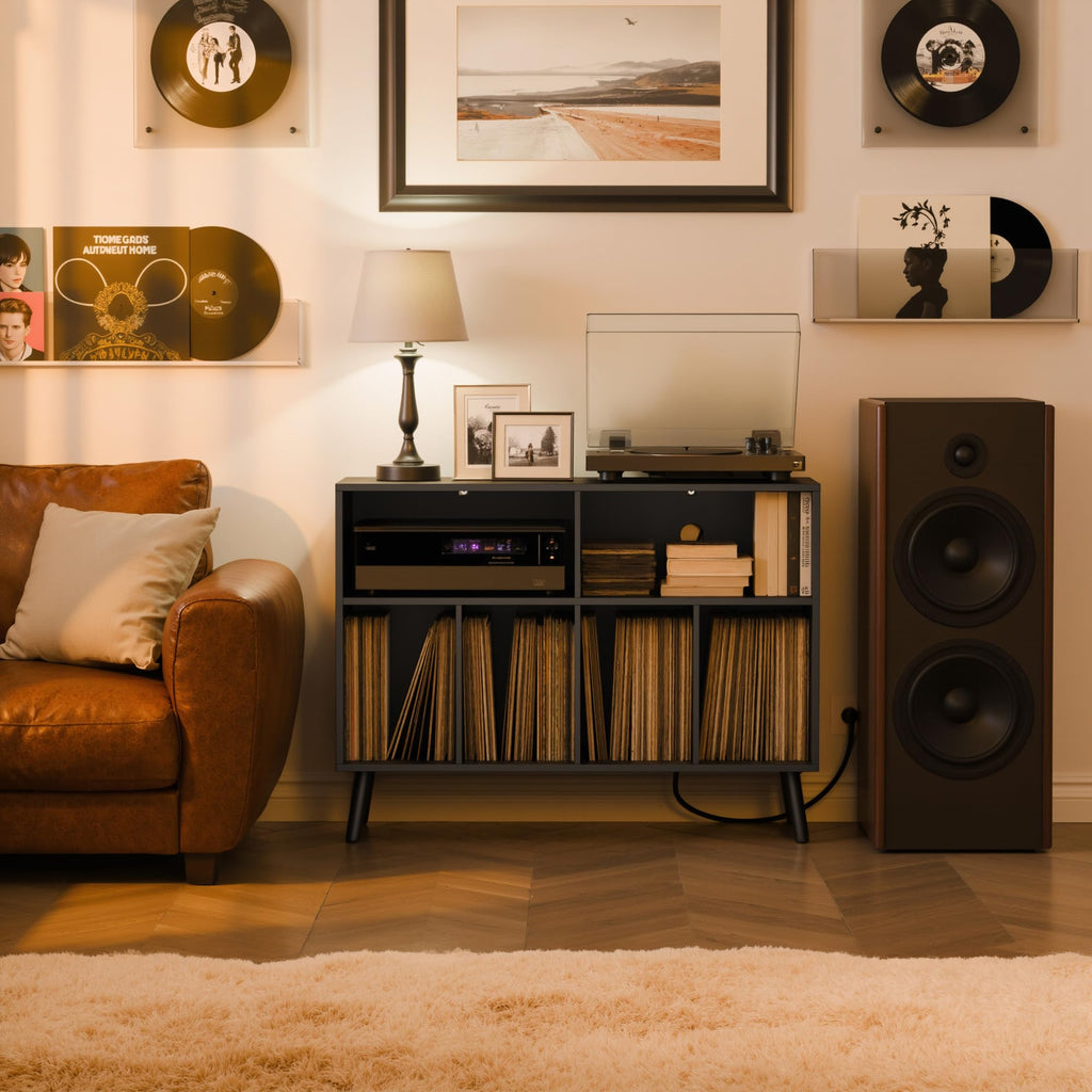 Record Player Stand with Vinyl Storage Cabinet, Wood Turntable Table Open Shelf Holder Up to 350 Albums Cube Storage