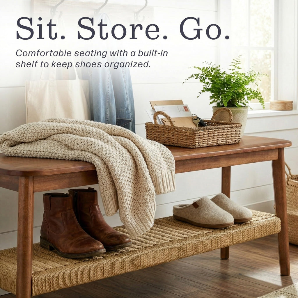 Calais Solid Wood Entryway Bench with Woven Storage Shelf, Chestnut, 48"