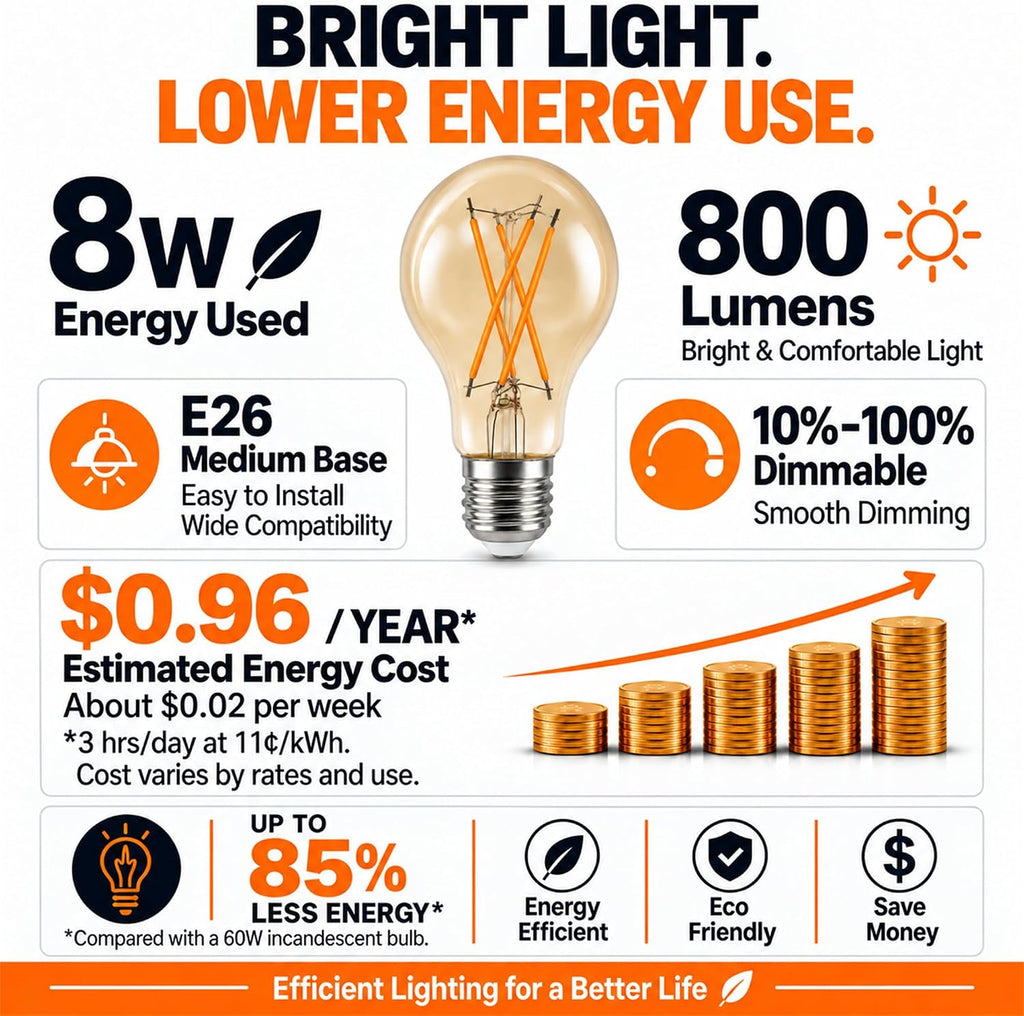 A19 LED Edison Bulbs, 12 Pack, 60W Equivalent, Dimmable, 2200K