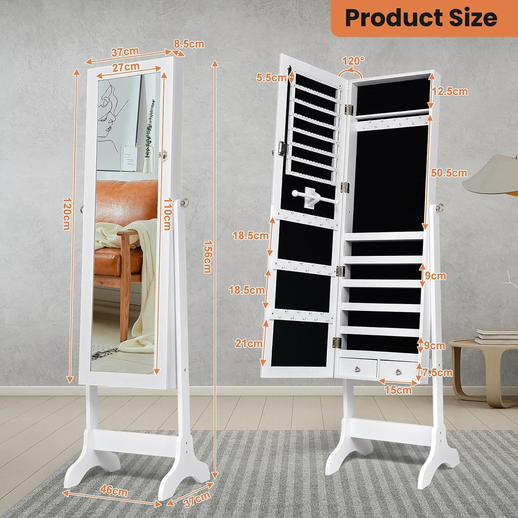 Standing Mirrored Jewelry Box, Jewelry Armoire Storage Organizer Large Capacity, Wooden Mirror Jewelry Cabinet, 4