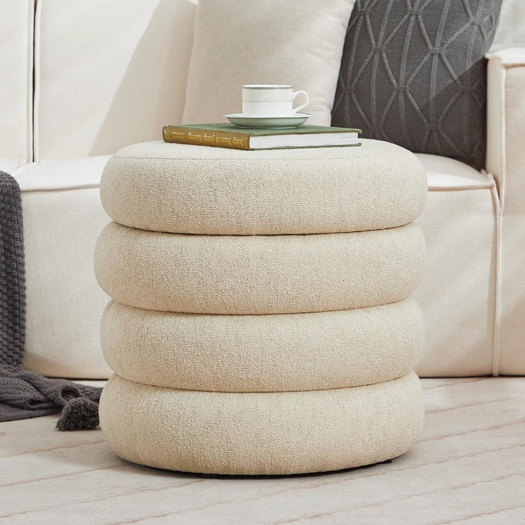 19.5" Storage Ottoman Round, Vanity Stools , Linen Pouf Ottoman with Removable Lid, Modern Ottoman Stool for Girls
