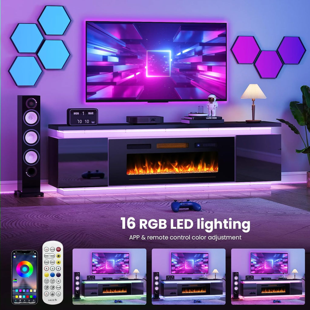 Fireplace TV-Stand with 40" Fireplace - 2 LED Light TV-Stand for 85 inch TVs - Entertainment Center with 4 AC Power