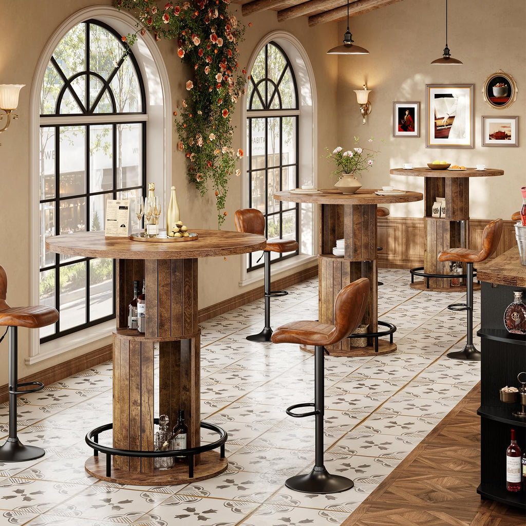 Round Bar Table, 39.4"H Bar Height Bistro Pub Table With 2-Tier Storage