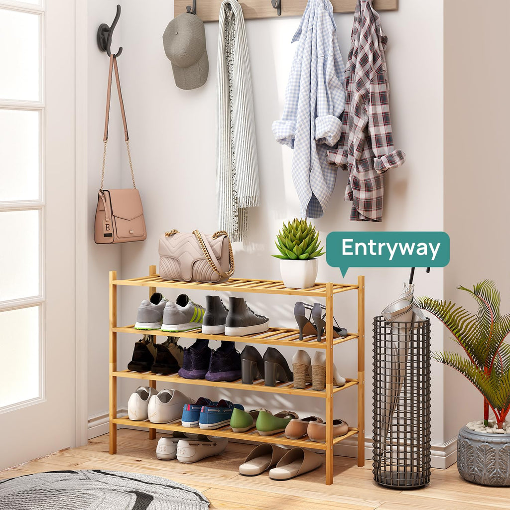 Shoe Rack, 4-Tier Long Shoe Rack, Bamboo Wood Shoe Shelf for Closet & Hallway, Long 33IN | Beautiful | Functional