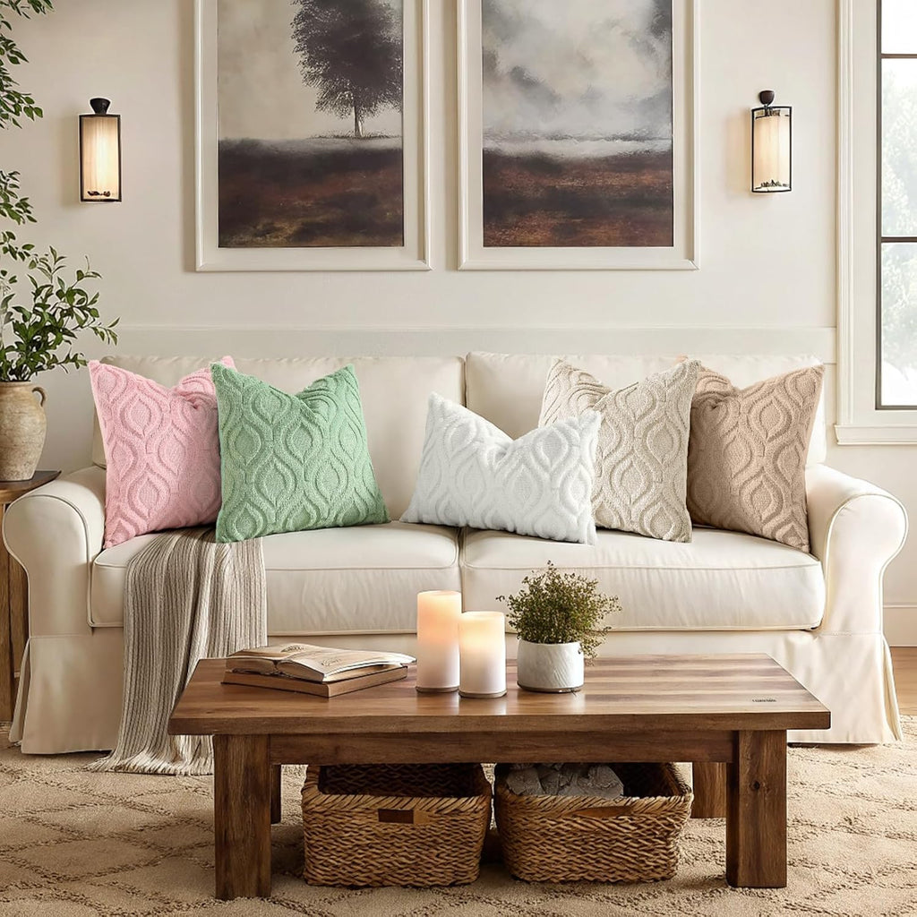 Throw Pillow Covers 18x18 Inch Set of 2, Soft Plush Faux Wool Beige Solid Couch Pillow Covers, Accent Farmhouse