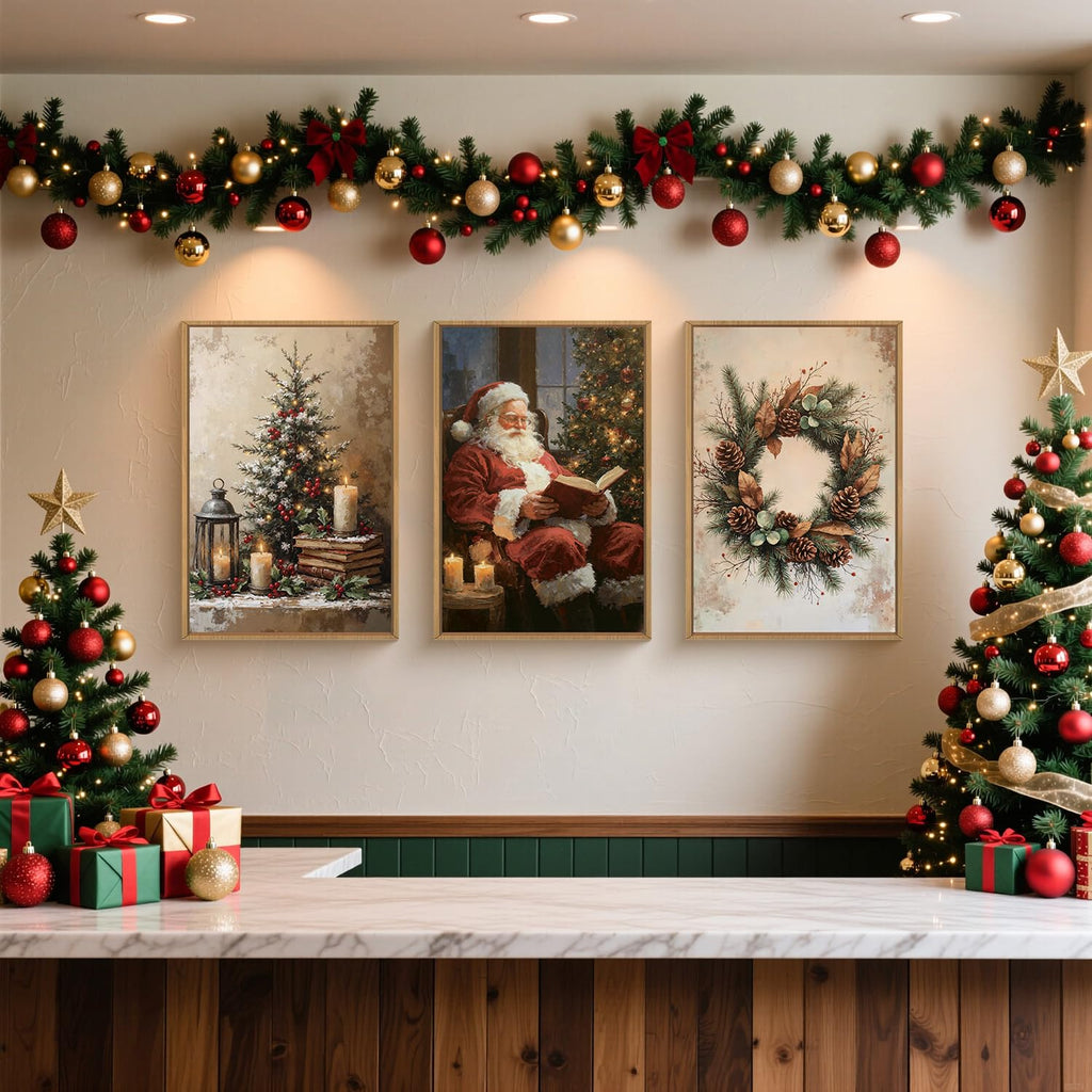 Vintage Christmas Tree Santa Claus Framed Canvas Wall Art Set, Rustic Pinecone Wreath Berries Decor, Retro Winter