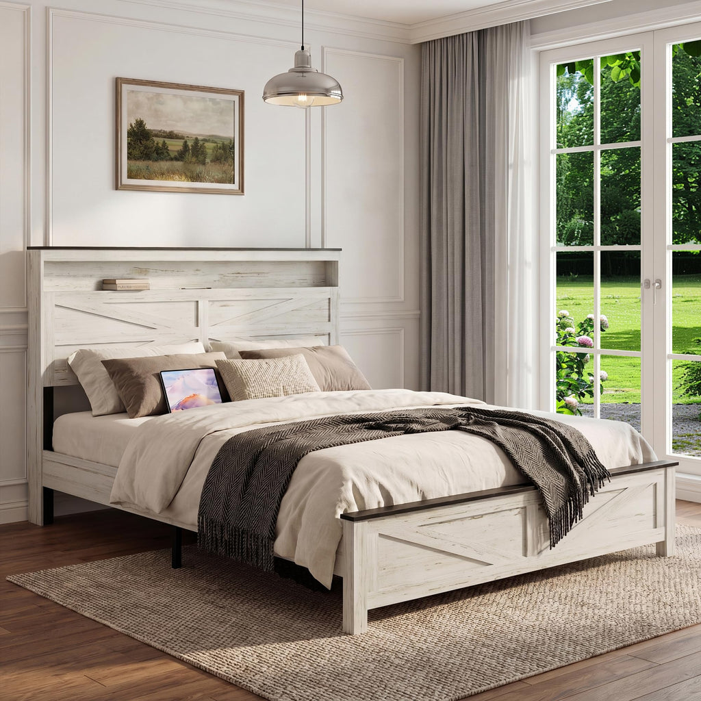 Farmhouse Bed Frame with LED Headboard Storage