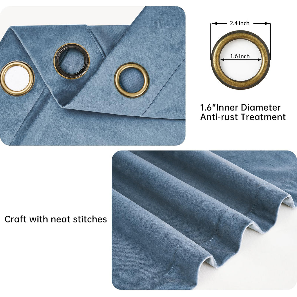 Blue Velvet Blackout Curtains 84 Inches Long, Slate Blue Light Stone Blue Dusty Blue Room Darkening Thermal Insulated