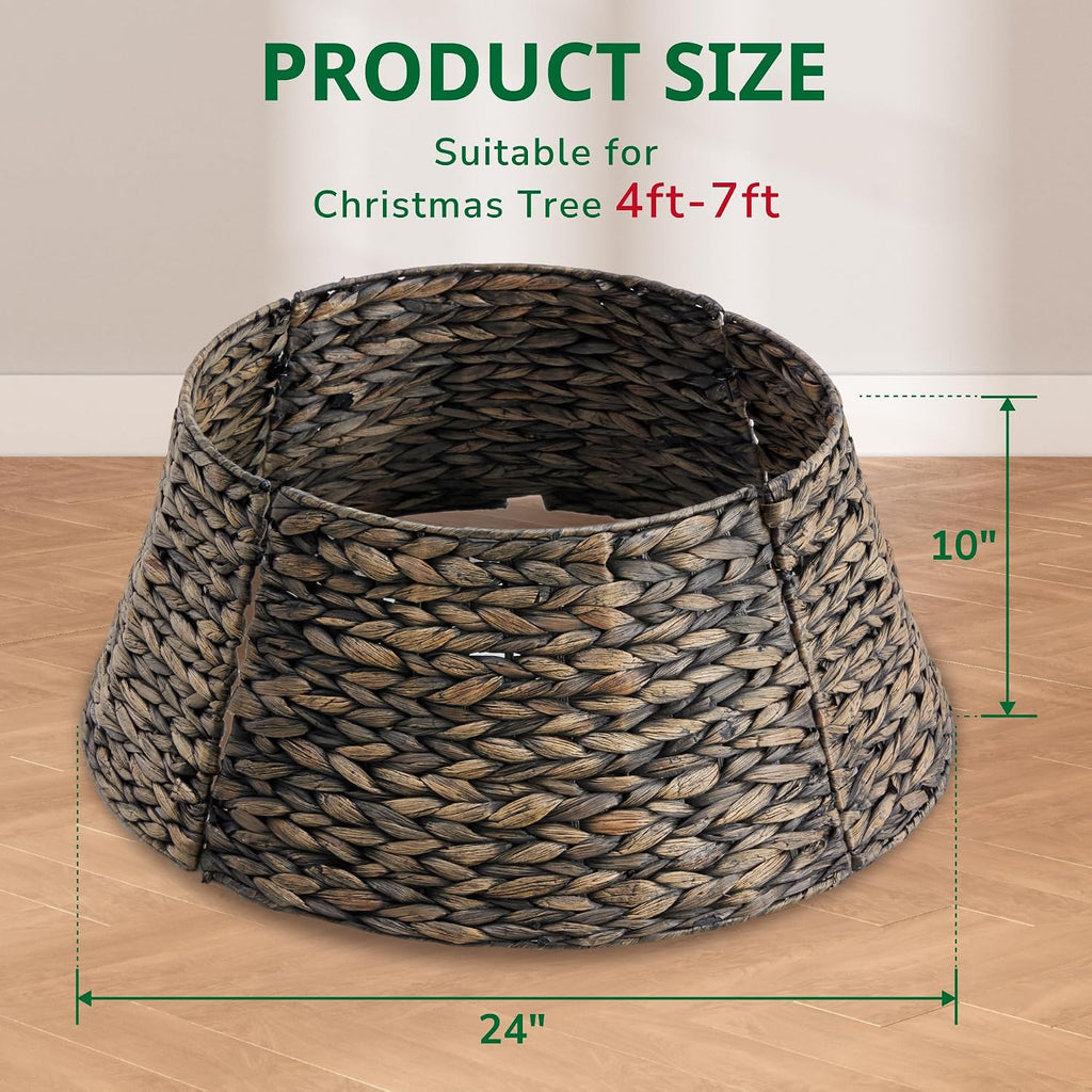 Christmas Tree Collar, Tree Skirt, Woven Hyacinth Rattan 4-Panel Tree Collar w/Cord Access Hole & Easy Lock Design
