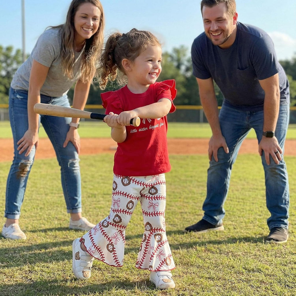 Toddler Baby Girl Baseball Outfits Short Flutter Sleeves T-Shirt Pullover Tops Stripes Bows Flared Pants 2Pcs Clothes