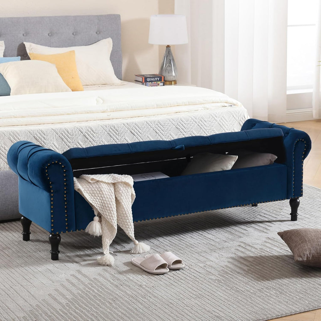 Velvet Storage Bench 67 Inch Upholstered Tufted Ottoman Bench with Arms Large Storage Space King Size End of Bed