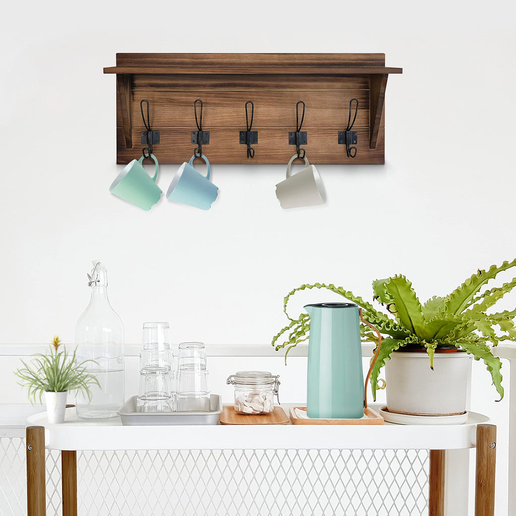 Brown Solid Wood Wall Mounted Coat Rack with Shelf, 5 Hooks, 24" Long - Kitchen, Mudroom, Entryway, Bathroom