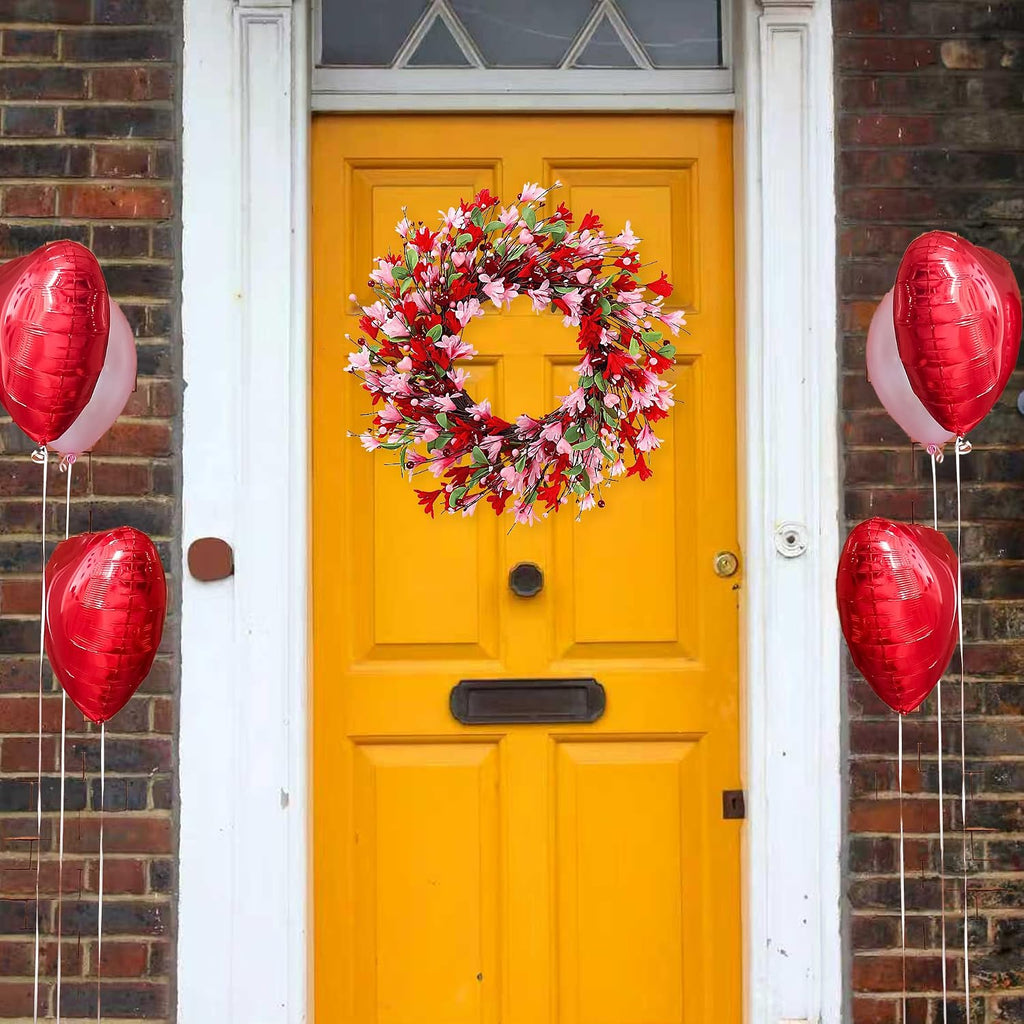20in Valentine's Day Wreath Artificial Pink Red Forsythia Spring Summer Fake Silk Wreath with Heart Berries Green
