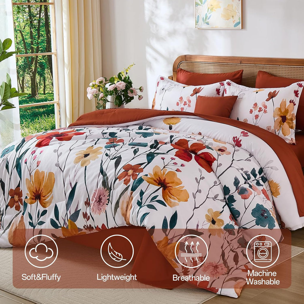 8-Piece King Comforter Set, Orange Watercolor Floral Bed in a Bag with Sheets and Pillowcases