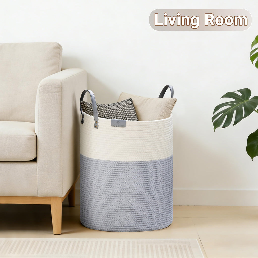 58L Tall Woven Rope Laundry Hamper, Leather Handles, Grey & White