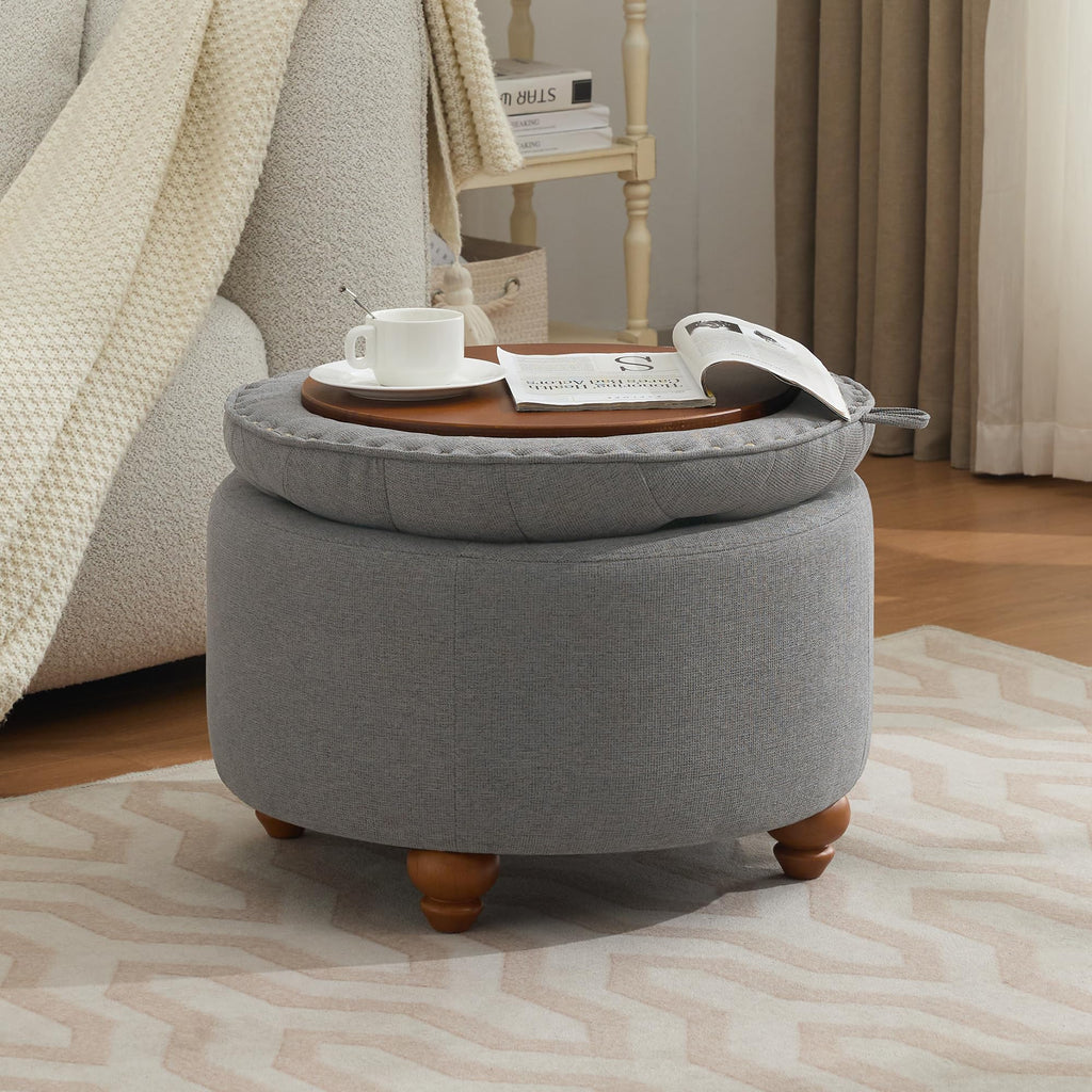 24Inch Round Storage Ottoman with Tray, Modern Tufted Fabric Circle Coffee Table with Storage, Upholstered Ottoman