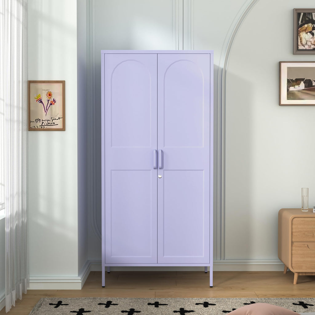 Purple Lockable Armoire Wardrobe Closet Storage Cabinet with Hanging Rod, 67" Metal Wardrobe Cabinet with 2 Doors and