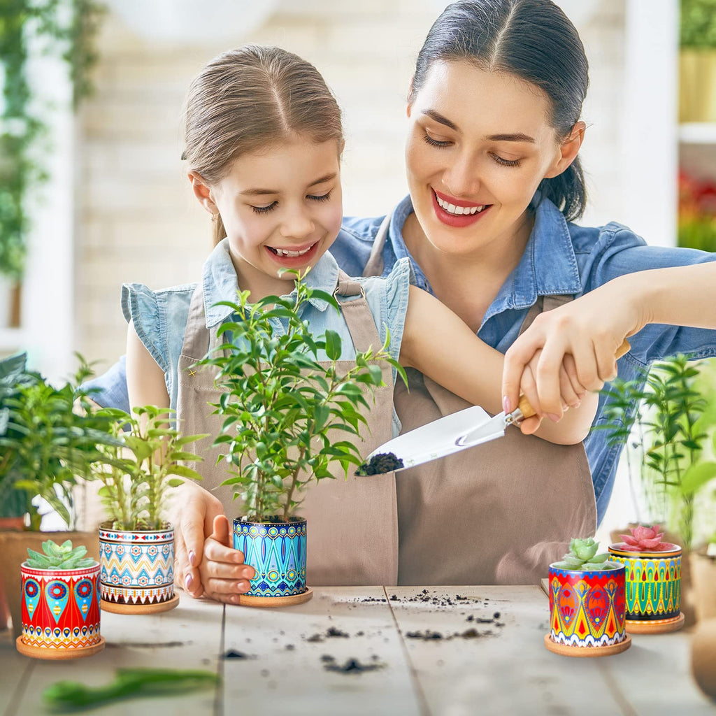 12 Pcs Mandala Ceramic Succulent Pots with Bamboo Trays, Colorful Boho Spring Decor Planters, Small Cactus Plant Pots