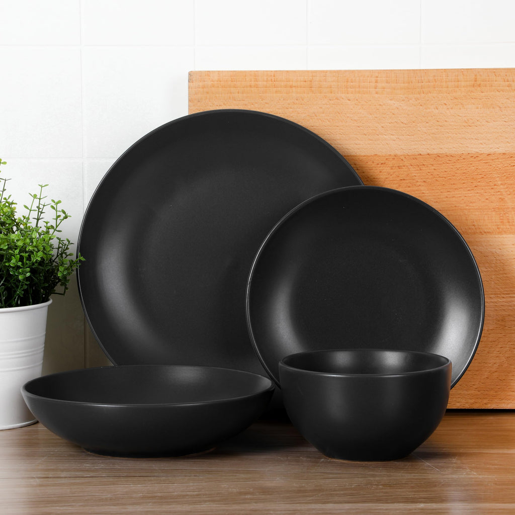 Queenslane 16-Piece Matte Black Stoneware Dinnerware Set - Double Bowl Plates and Bowls, Durable Kitchen Dinner Set