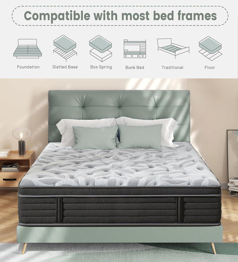 12 Inch Full Mattress, Medium Firm Hybrid Mattress in a Box | Gel Memory Foam & Pocket Coils, Grey Euro Top Mattress