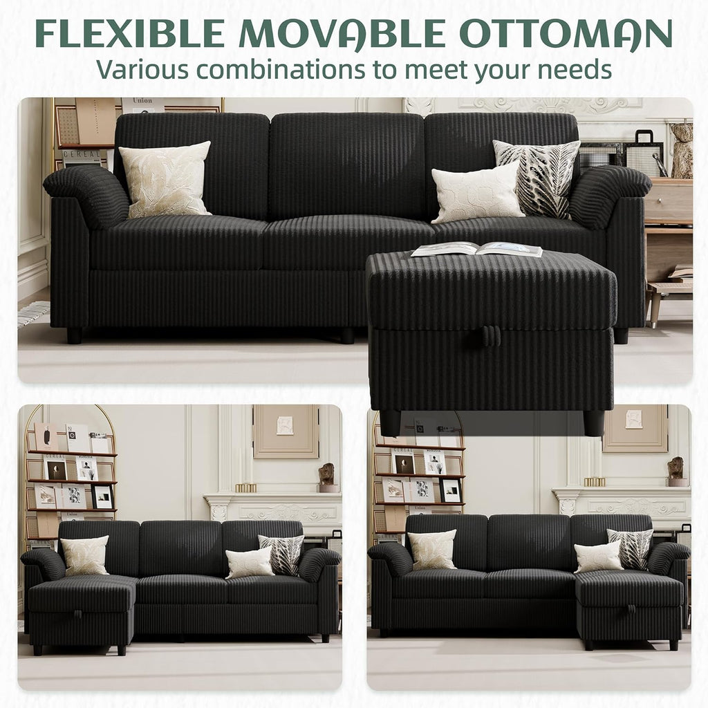 Convertible Sectional Couches, 3 Seat L Shaped Couch Sofa with Removable Pillows Soft Corduroy Fabric Small Couch Mid