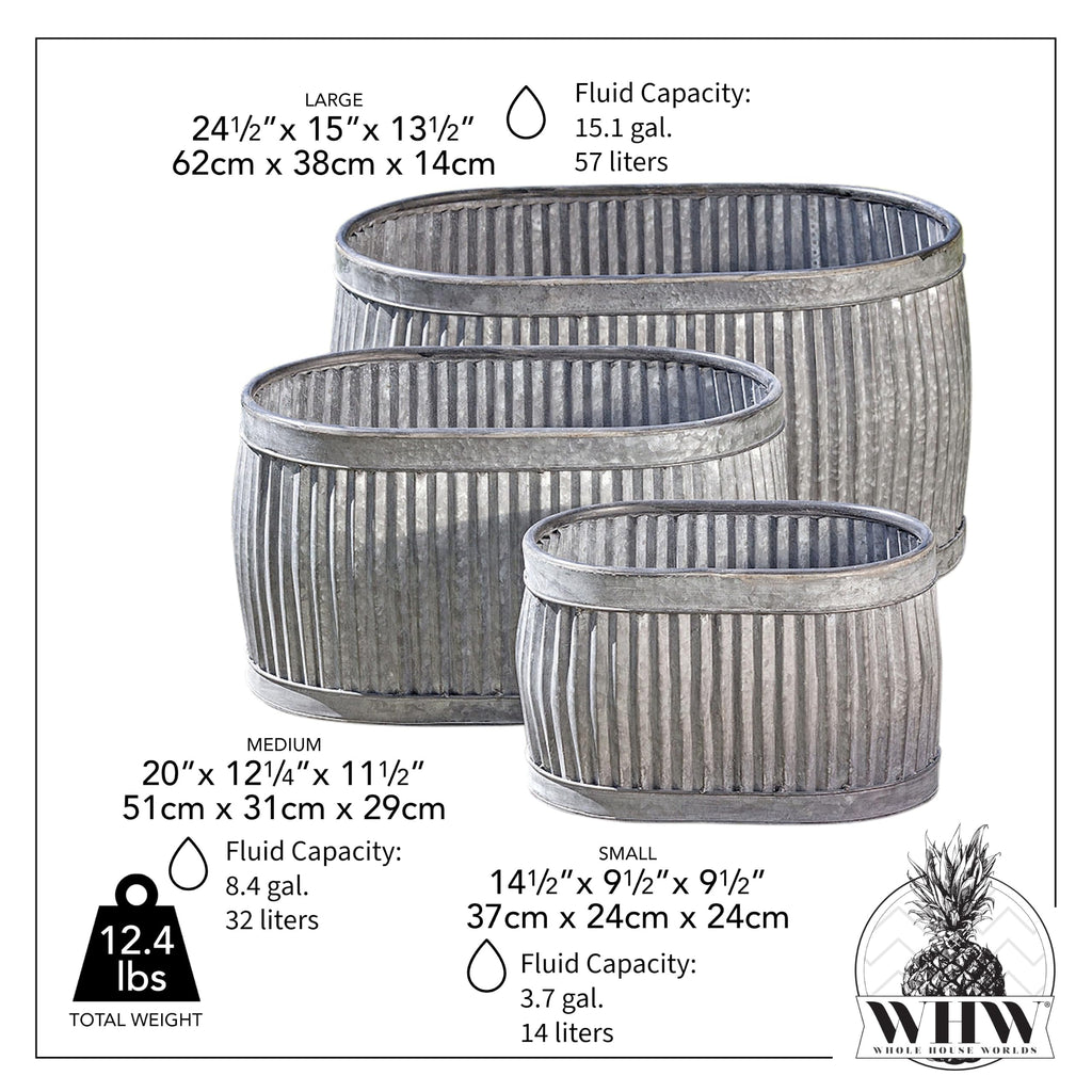 French Country Oval Chubby Belly Planters, Grey, Set of 3, 24.5, 20, 14.5 "