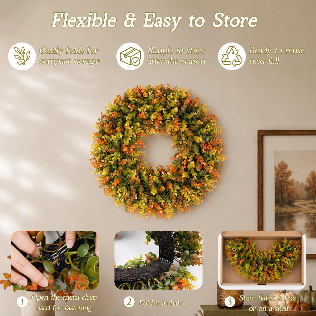 20 Inch Fall Wreaths for Front Door, Handmade Fall Boxwood Wreath with Cream Linen Sash, Waterproof and UV Resistant