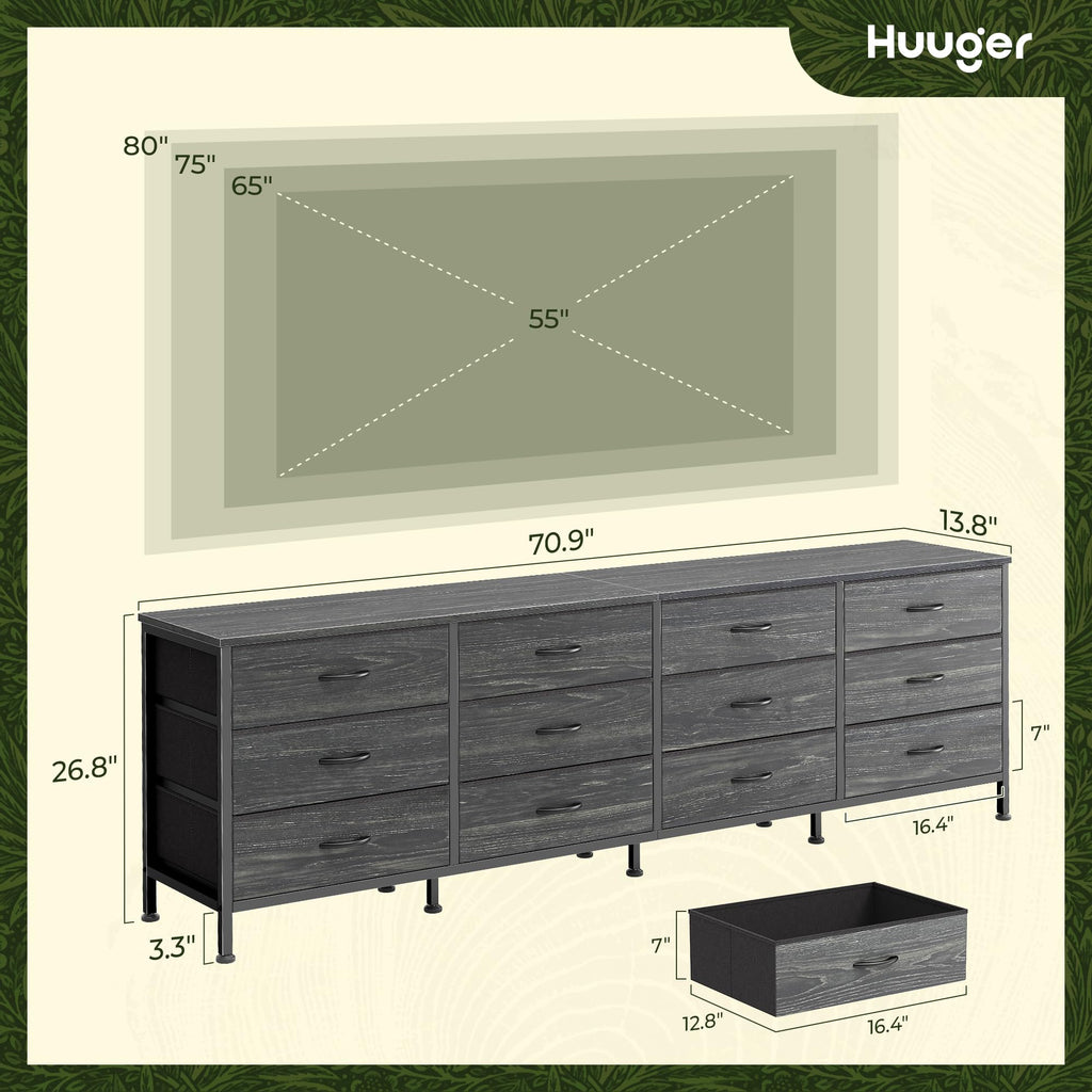 70 Inch Dresser, TV Stand for 65, 75, 80 Inch TV, 12 Fabric Drawer Long Dresser, Large Storage Organizer Unit, Chest