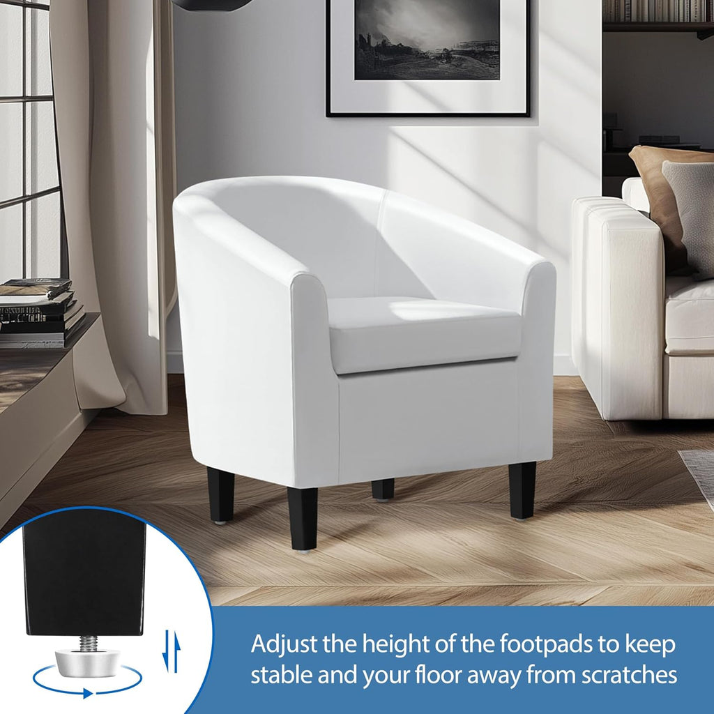 Accent Chairs, Faux Leather Barrel Armchairs White - Set of 2