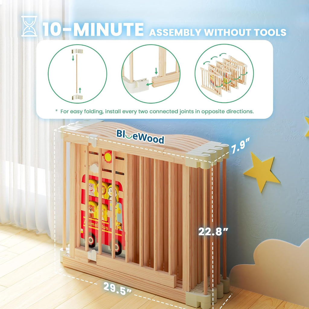 Foldable Wooden Playpen - Adjustable Wood Baby Play Yard with Child-Proof Lock, Indoor Large Safety Fence for Babies