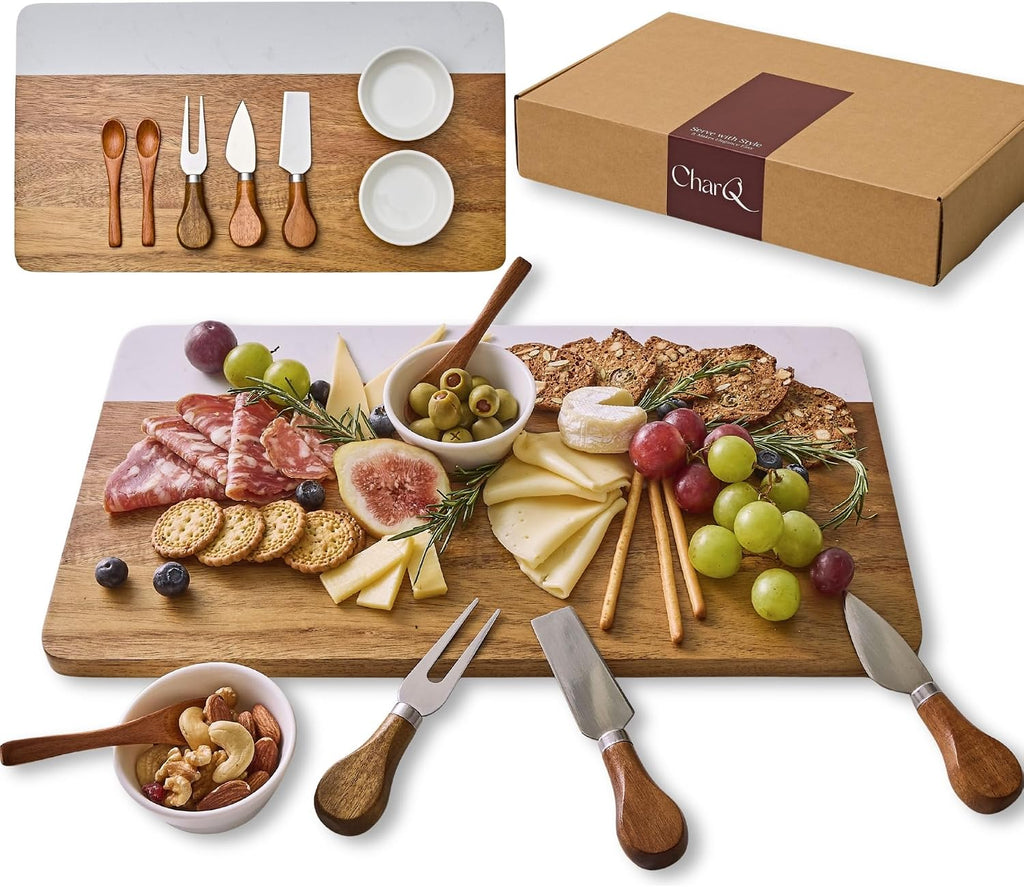Charcuterie Board Gift Set - Marble & Acacia Wood Board | A Thoughtful Gift for Weddings, Housewarmings, Bridal