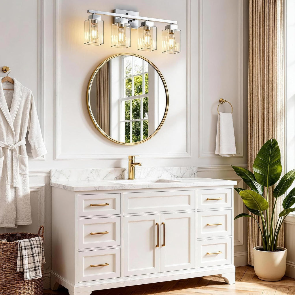 4-Light Bathroom Light Fixtures, Brushed Nickel Modern Vanity Lights, Bathroom Lighting Fixtures Over Mirror, Square