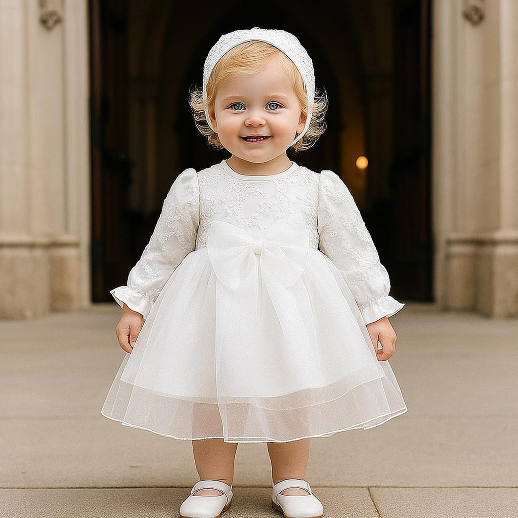 Newborn Baby Girl Christening Dress White Baptism Lace Short Sleeve Fall Wedding Dresses with Bonnet Outfit