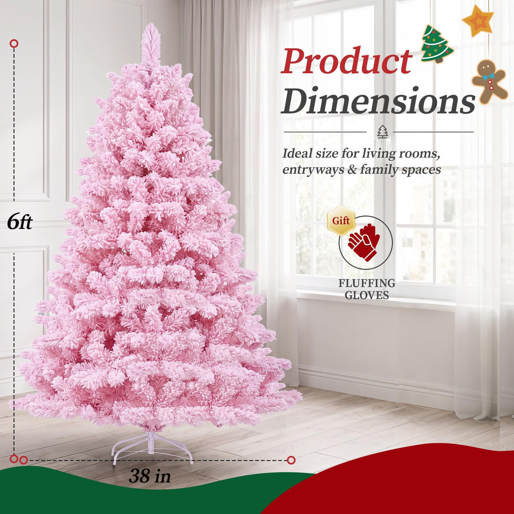 6ft Artificial Christmas Tree Unlit Pine Xmas Tree, Flocked Pink