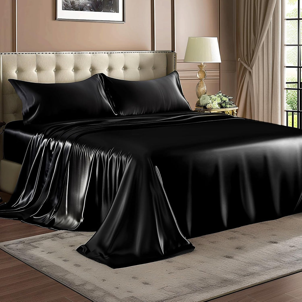 King Sheets Set, Luxury Soft Black Satin Sheets for Hair and Skin, Similar to Silk Bed Sheets Set 4 Pieces with 1