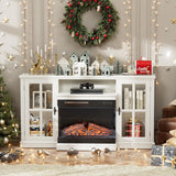 3-Sided Glass Fireplace TV Stand for TVs up to 65 Inches, Entertainment Center with Adjustable LED Flame Colors and Cabinet Storage, Distressed White