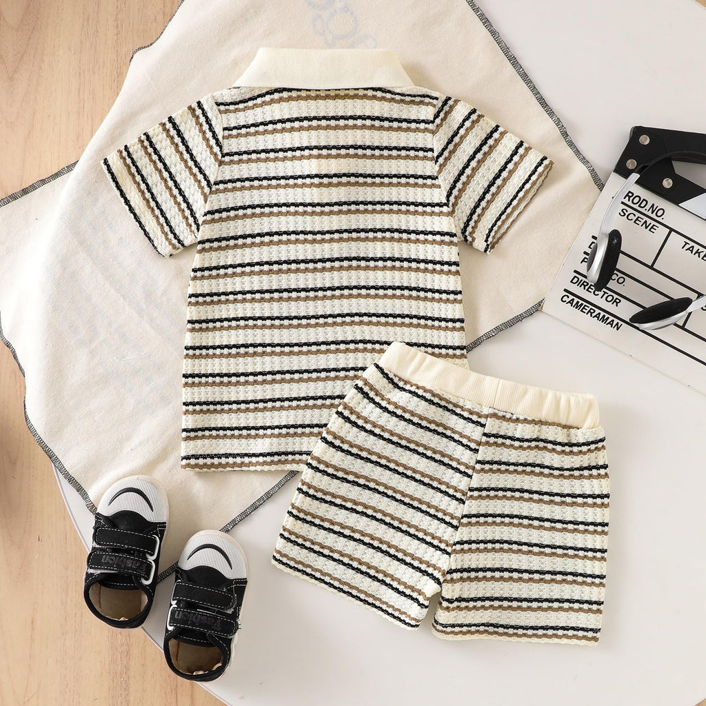 Boy Clothes Baby Striped Collared Shirt Shorts Beige Set
