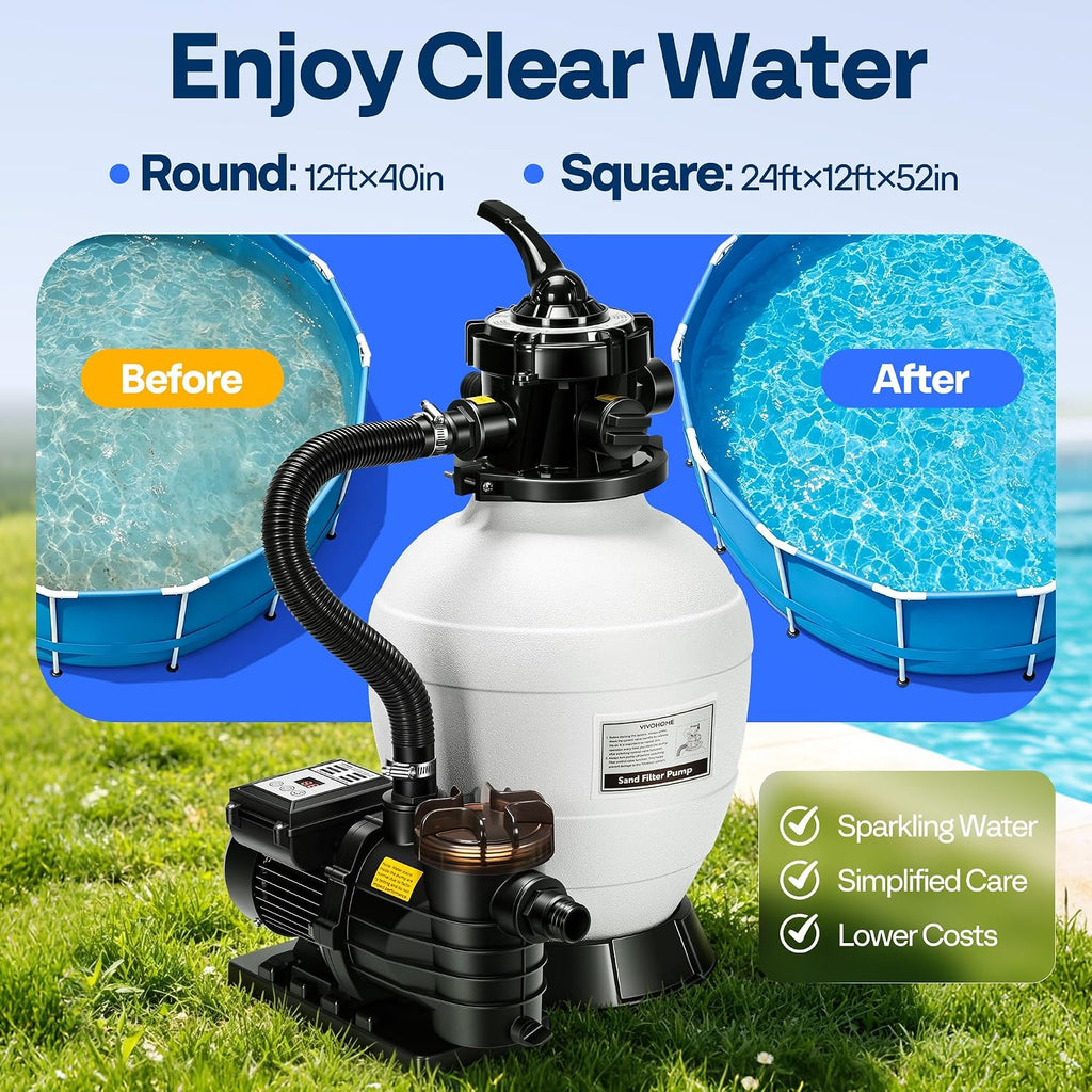 Sand Filter Pump with 1/2 HP Motor, 2640 GPH w/Timer for in/Above Ground Pools up to 14,000 Gallons, 7-Way Valve with