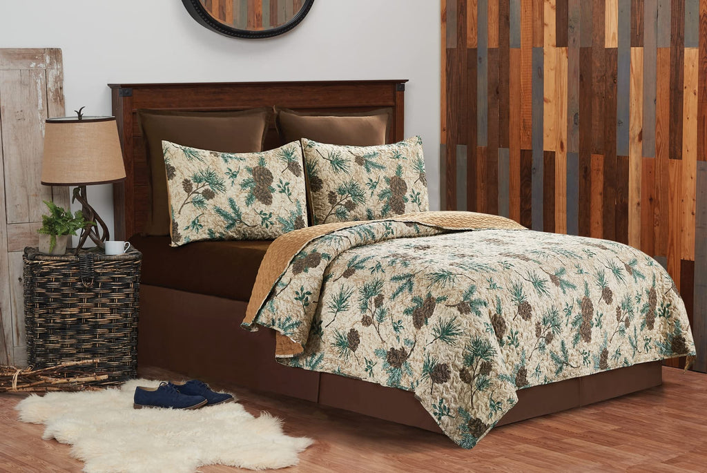 Rustic Pinecones & Needles Quilt Set Lodge Cabin Bedding w/ Sham