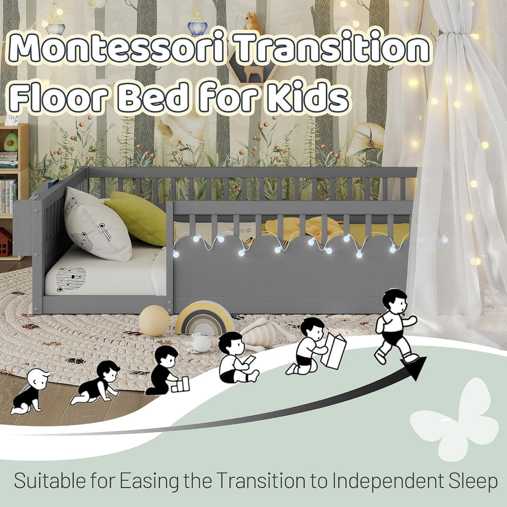 Montessori Floor Bed with High Rails,Full Size Floor Bed Frame for Kids, LED Lights & Storage Shelf, Safe & Wider