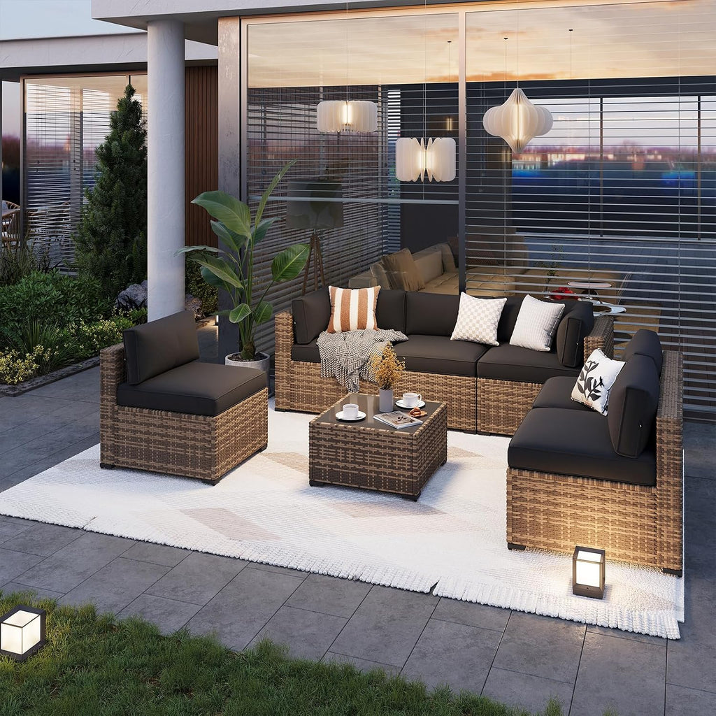 Patio Furniture Sets, 7-Piece Outdoor Furniture with Thick Cushions, Wicker Conversation Set Sectional Sofa for