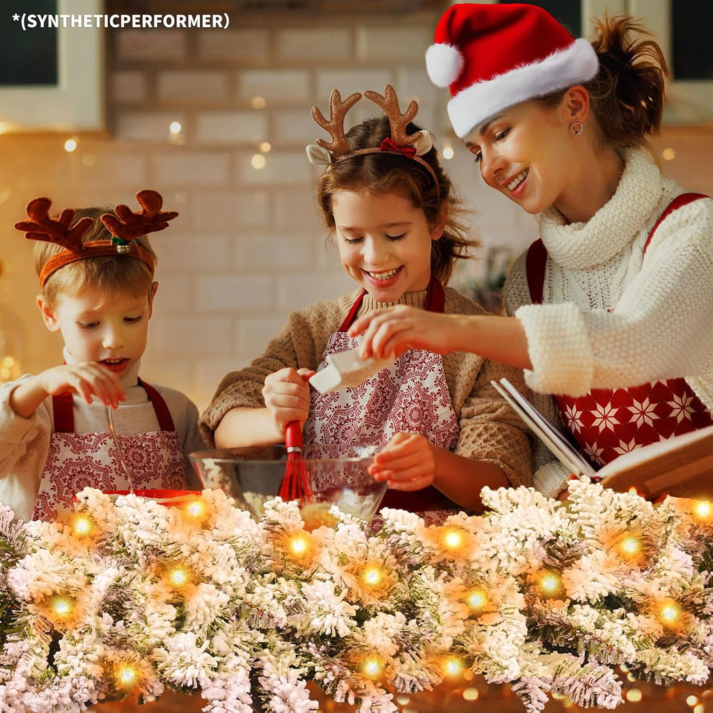 Flocked Christmas Garland with Lights,9FT Pre-Lit White Snow Garlands with 240 PVC Tips,Frosted Garland