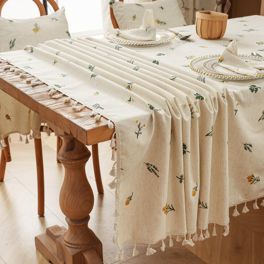 Boho Linen Blend Tablecloth 60 x 60 Inch, Beige Embroidered Daisy Floral Table Cover with Tassel Fringe, Soft