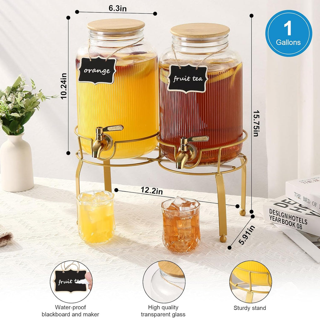 Gallon Glass Drink Dispenser with Stand, 2pack Drink Dispensers For Parties, Beverage Dispenser With Bamboo Lid - Set of 2