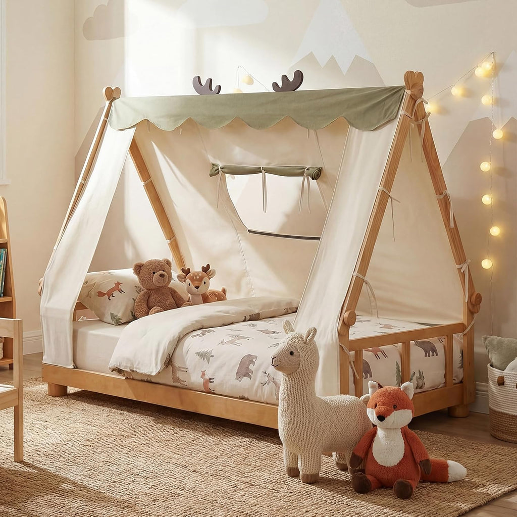 Twin Floor Bed for Kids, House Wood Bed Frame with Tent, Window, Fence Guard Rails, & Wooden Slat Support, No Box