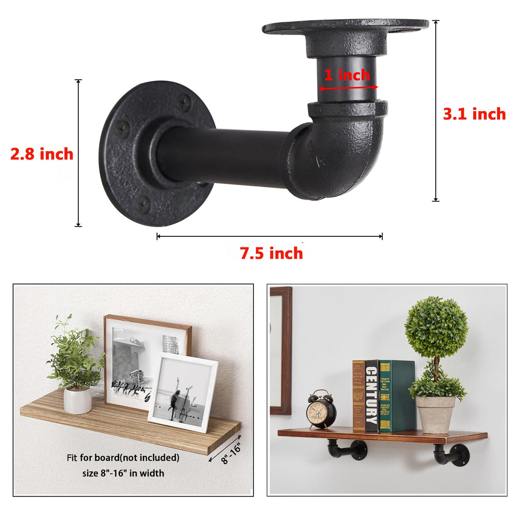 Industrial L Pipe Shelf Brackets for 8-16 in Depth Wood, 7.5In 4 Pack