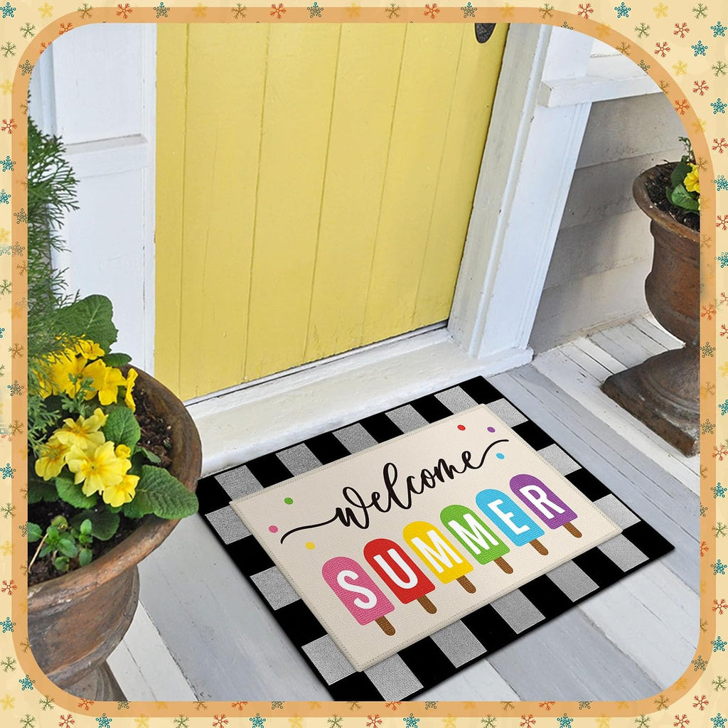 5 Pcs Seasonal Doormat Combo Set, Fall Winter Spring Summer,Cute | Welcome, Non Slip Rubber Backing, Buffalo Plaid