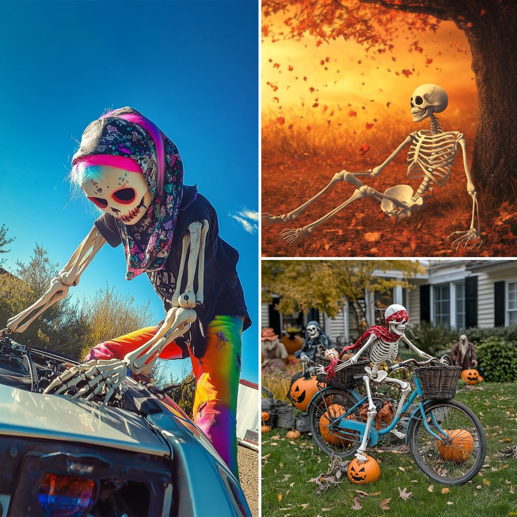 5.4Ft/170cm Posable Halloween Skeleton, Full Body Life Size Skeleton with Movable Joints Outdoor Halloween