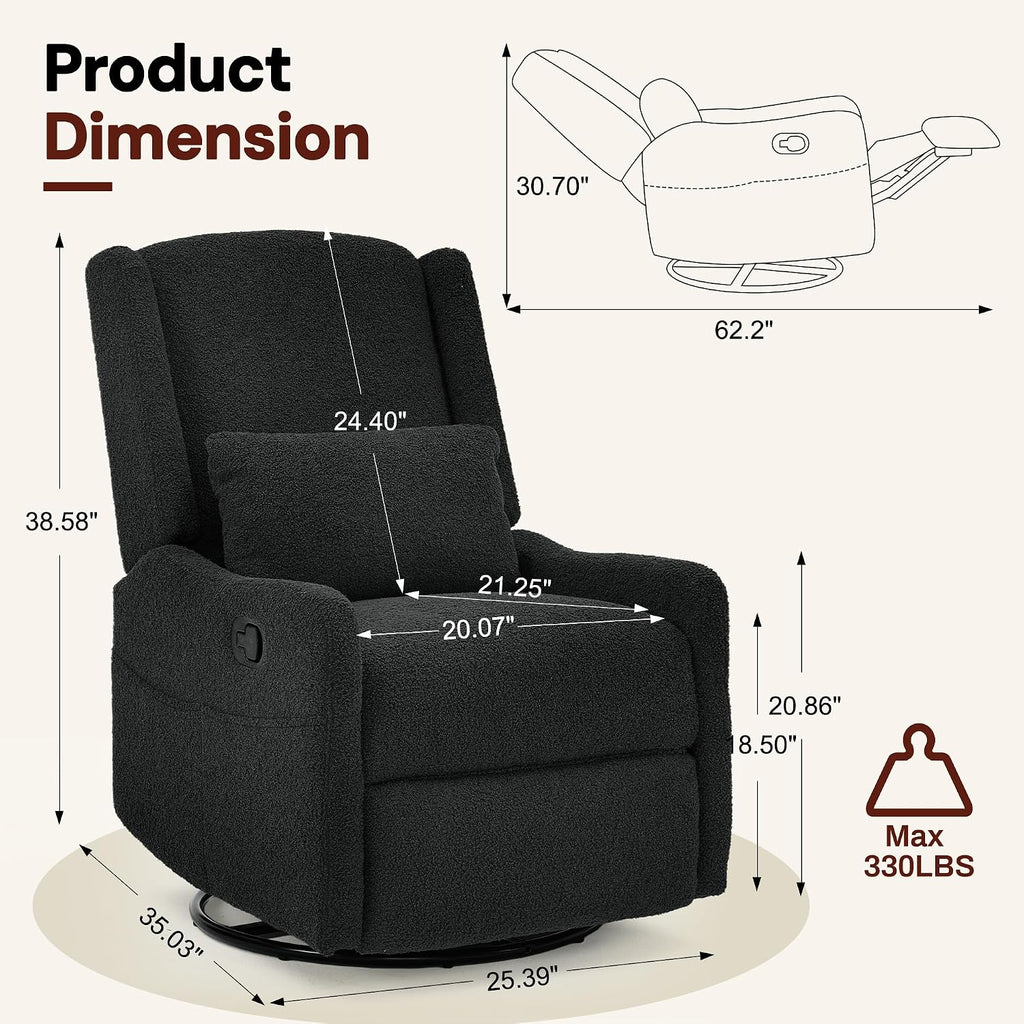 Glider Recliner Rocking Chair, 360° Swivel Boucle Nursery Chair, Comfy Upholstered Recliner ,Black